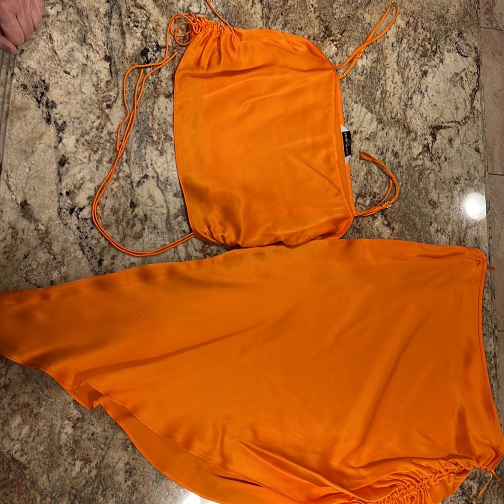 Amanda Uprichard orange silk skirt and crop top set. Tank is XS, Skirt is S - Picture 4 of 8